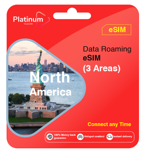 USA, Canada, Mexico Roaming Data eSIM (3 areas)