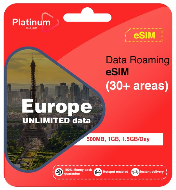 Europe data roaming eSIM (30+ areas) UNLIMITED